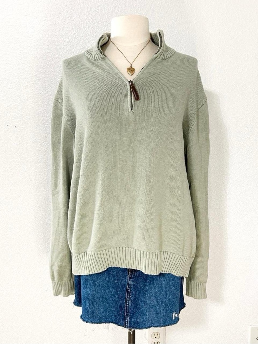 brandy sage light green quarter zip sweater
